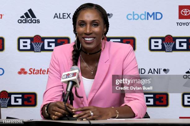 Head coach Lisa Leslie of the Triplets speaks to the media after beating the 3 Headed Monsters 50-28 during BIG3 - Week Seven at Fiserv Forum on...