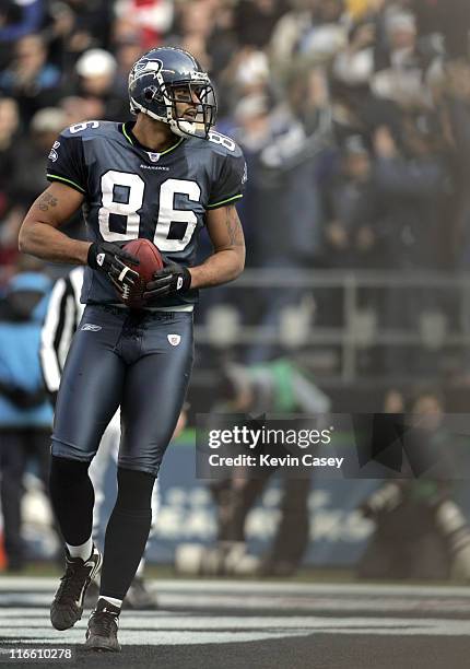 Seahawks tight end Jerramy Stevens scores a touchdown during the game between the San Francisco 49ers and the Seattle Seahawks at Qwest Field in...