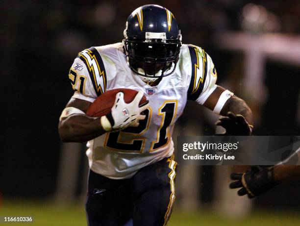 San Diego Chargers running back LaDainian Tomlinson heads up field during 27-0 victory over the Oakland Raiders at McAfee Coliseum in ESPN Monday...