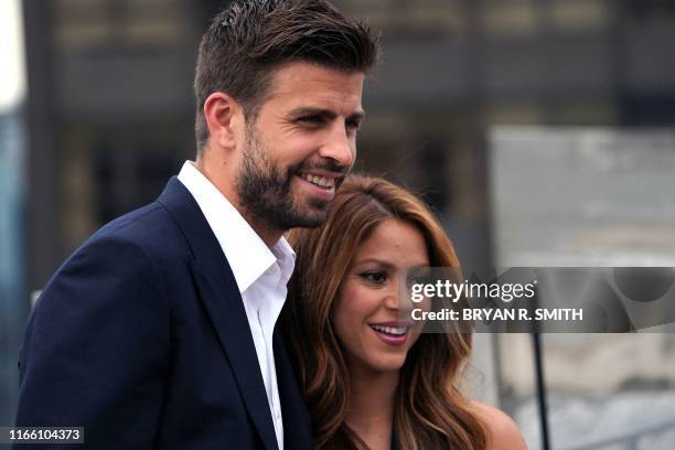 Colombian musician Shakira and partner Kosmoa Founder and President, Spanish football player Gerard Pique attend the Davis Cup Presentation on...