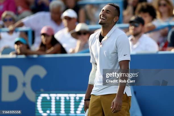 Nick Kyrgios of Australia reacts to a shot against Daniil Medvedev of Russia during the men's singles final of the Citi Open at Rock Creek Tennis...