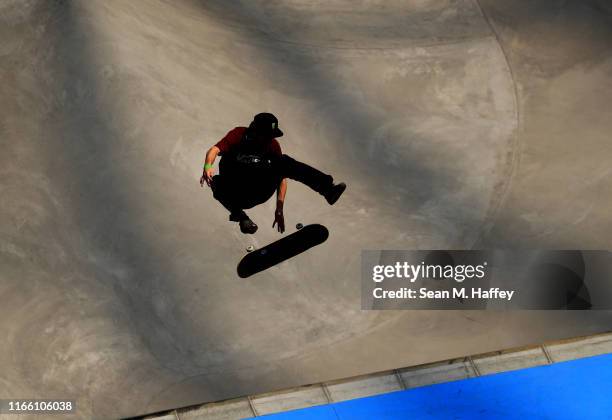 Tom Schaar warms up prior to competing in the Men's Skateboard Park during the X Games Minneapolis 2019 at U.S. Bank Stadium on August 04, 2019 in...