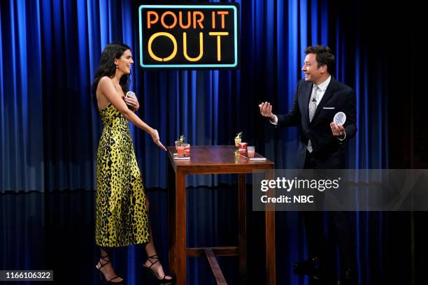 Episode 1112 -- Pictured: Model Kendall Jenner and host Jimmy Fallon during "Pour It Out" on September 5, 2019 --