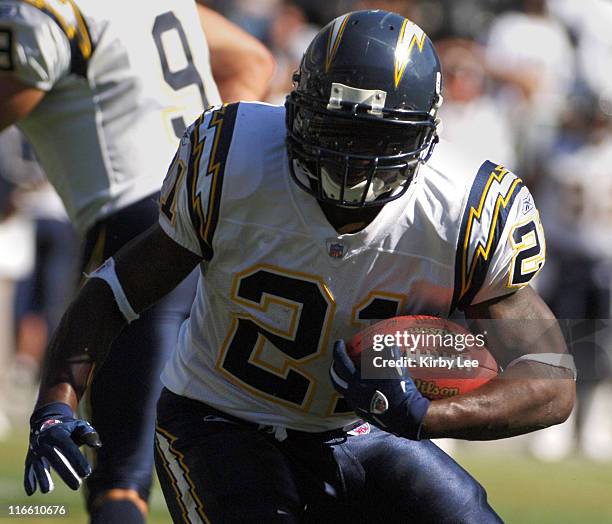 San Diego Chargers running back LaDainian Tomlinson heads up field during 27-14 victory over the Oakland Raiders at McAfee Coliseum in Oakland,...
