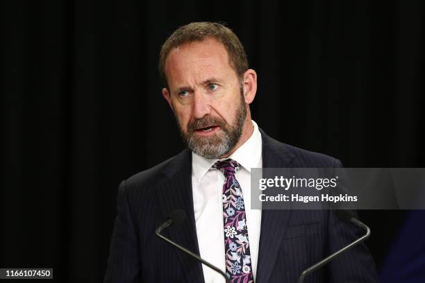 Minister of Justice Andrew Little speaks during a press conference at Parliament on August 05, 2019 in Wellington, New Zealand. Andrew Little...