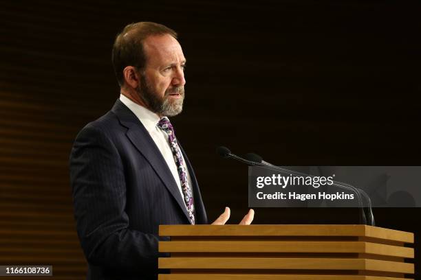 Minister of Justice Andrew Little speaks during a press conference at Parliament on August 05, 2019 in Wellington, New Zealand. Andrew Little...