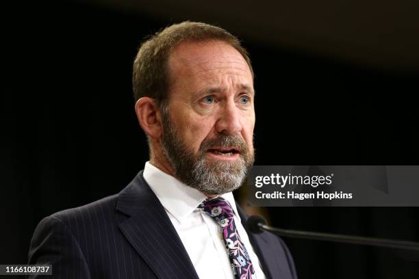 Minister of Justice Andrew Little speaks during a press conference at Parliament on August 05, 2019 in Wellington, New Zealand. Andrew Little...