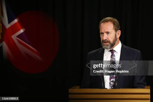 Minister of Justice Andrew Little speaks during a press conference at Parliament on August 05, 2019 in Wellington, New Zealand. Andrew Little...