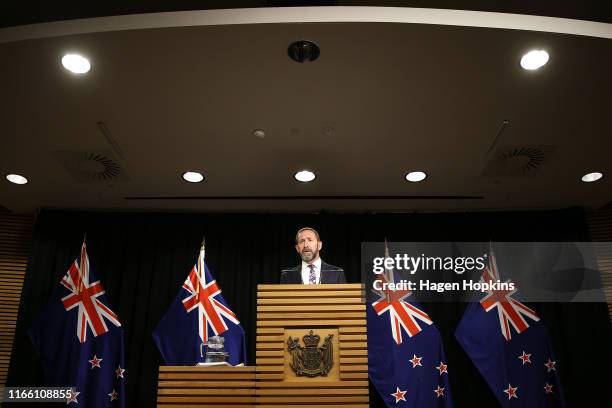 Minister of Justice Andrew Little speaks during a press conference at Parliament on August 05, 2019 in Wellington, New Zealand. Andrew Little...