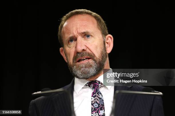 Minister of Justice Andrew Little speaks during a press conference at Parliament on August 05, 2019 in Wellington, New Zealand. Andrew Little...