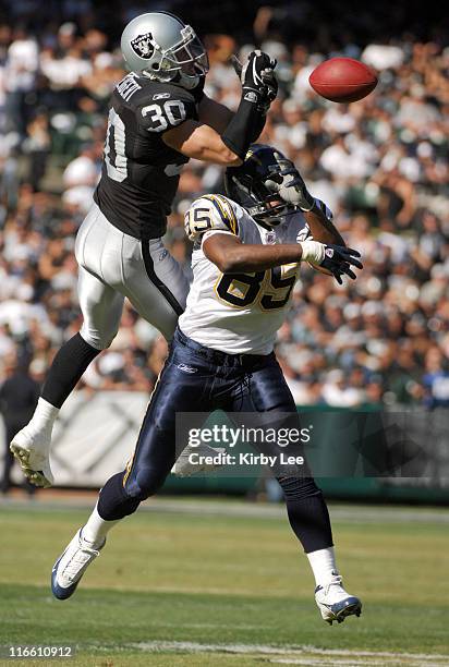 Oakland Raiders safety Stuart Schweigert is called for pass interference while trying to break up a pass intended for San Diego Chargers tight end...