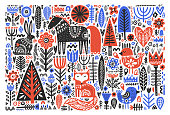 Forest wildlife in folk style flat vector illustration