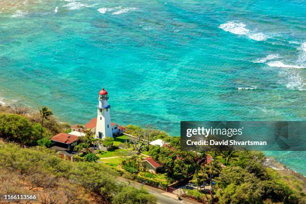 high angle view of diamond head lighthouse - honolulu, hawaii, usa - diamond head imagens e fotografias de stock