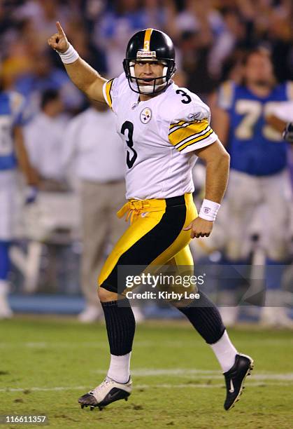 Pittsburgh Steelers kicker Jeff Reed celebrates after kicking a 40-yard field goal with six seconds left for the winning points in 24-22 victory over...