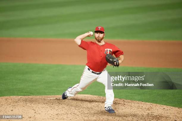 Sam Dyson of the Minnesota Twins delivers a pitch against the Kansas City Royals during the game on August 2, 2019 at Target Field in Minneapolis,...