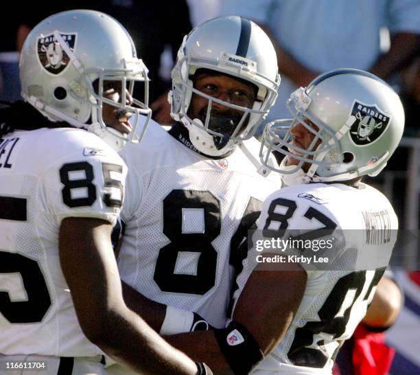 Oakland Raiders receiver Jerry Porter is congratulated by Alvis Whitted and Doug Gabriel after scoring on a 44-yard touchdown pass in the fourth...