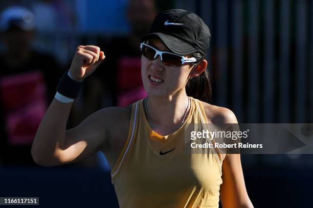Saisai Zheng of China celebrates after defeating Aryna Sabalenka of Belarus in the singles final of the Mubadala Silicon Valley Classic at the San...