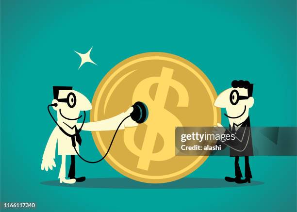 businessman listening to a big dollar sign currency with a stethoscope - bureau de change stock illustrations
