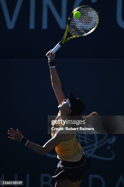 Saisai Zheng of China serves to Aryna Sabalenka of Belarus during the singles final of the Mubadala Silicon Valley Classic at the San José State...