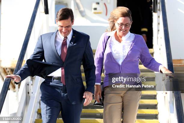 Secretary of Defense Mark Esper and wife Leah Esper arrive for his visit to New Zealand on August 05, 2019 in Auckland, New Zealand. Secretary Esper...