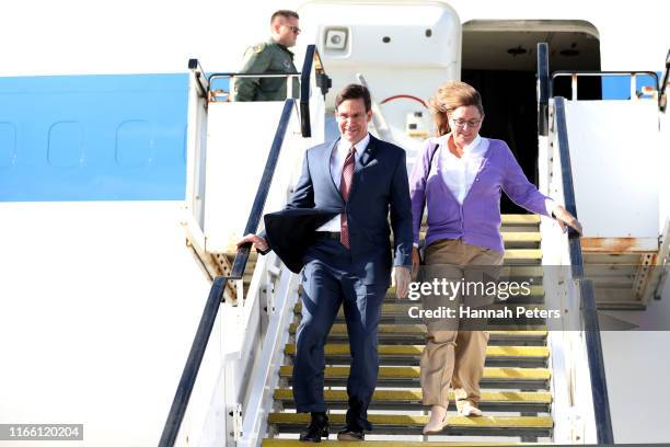 Secretary of Defense Mark Esper and wife Leah Esper arrive for his visit to New Zealand on August 05, 2019 in Auckland, New Zealand. Secretary Esper...