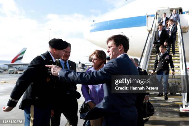 Secretary of Defense Mark Esper and wife Leah Esper arrive for his visit to New Zealand on August 05, 2019 in Auckland, New Zealand. Secretary Esper...