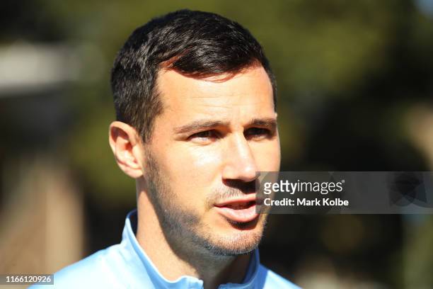Ryan McGowan speaks to the media during a Sydney FC A-League training session at Leichhardt Oval on August 05, 2019 in Sydney, Australia.