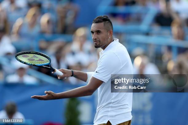 Nick Kyrgios of Australia reacts to a call against Daniil Medvedev of Russia during the men's singles final of the Citi Open at Rock Creek Tennis...