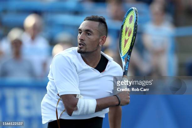Nick Kyrgios of Australia returns a shot to Daniil Medvedev of Russia during the men's singles final of the Citi Open at Rock Creek Tennis Center on...