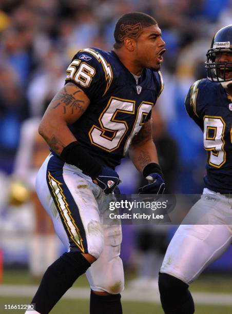 San Diego Chargers linebacker Shawne Merriman celebratesd a sack during 27-20 victory over the Arizona Cardinals at Qualcomm Stadium in San Diego,...