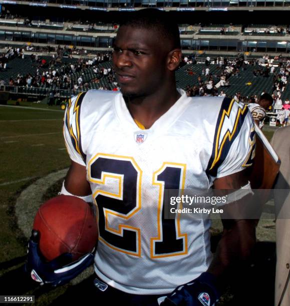 San Diego Chargers running back LaDainian Tomlinson walks off the field with the game ball after 27-14 victory over the Oakland Raiders at McAfee...