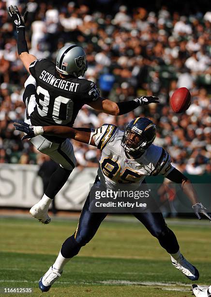 Oakland Raiders safety Stuart Schweigert is called for pass interference while trying to break up a pass intended for San Diego Chargers tight end...