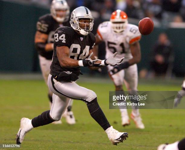 Oakland Raiders receiver Jerry Porter can't make a catch in the third quarter of 9-6 loss to the Cleveland Browns at McAfee Coliseum in Oakland,...