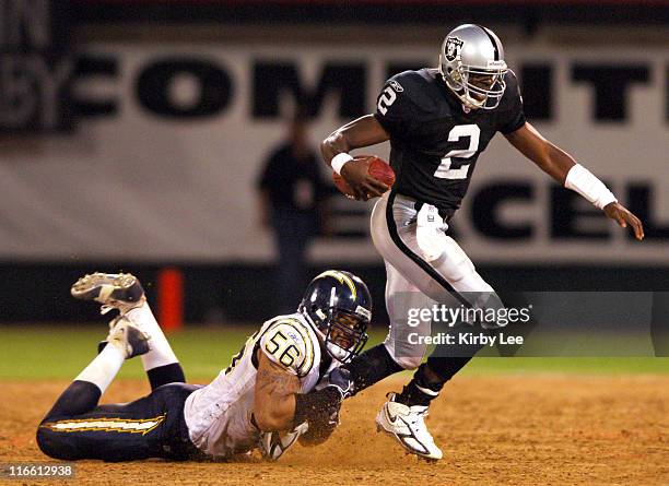 Oakland Raiders quarterback Aaron Brooks is tackled by San Diego Chargers linebacker Shawne Merriman in ESPN Monday Night Football game at McAfee...