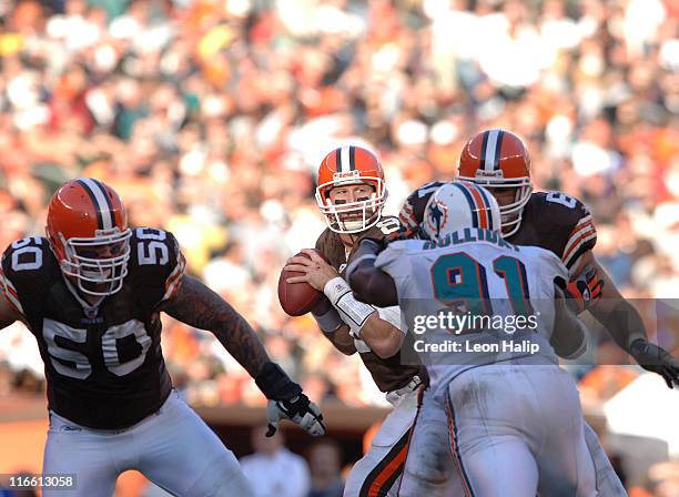 Cleveland Browns quarterback Trent Dilfer drops back to pass in the first quarter. Cleveland Browns defeated the Miami Dolphins 22-0 Sunday afternoon...