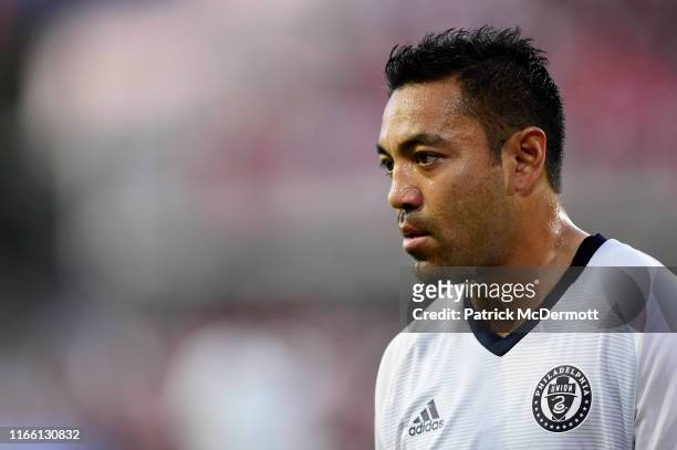 Marco Fabian of Philadelphia Union prepares to take a corner kick in the first half against the D.C. United at Audi Field on August 4, 2019 in...