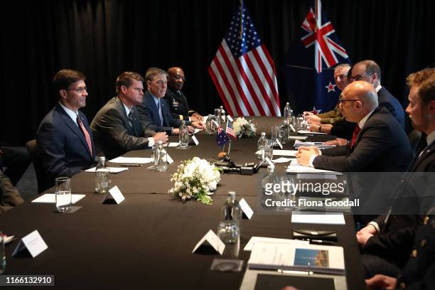 Secretary of Defense Mark Esper meets with New Zealand Minister of Defense Ron Mark on August 05, 2019 in Auckland, New Zealand. Secretary Esper is...