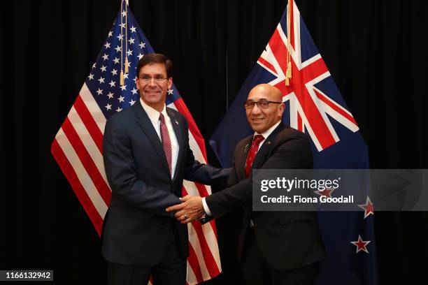 Secretary of Defense Mark Esper meets with New Zealand Minister of Defense Ron Mark on August 05, 2019 in Auckland, New Zealand. Secretary Esper is...