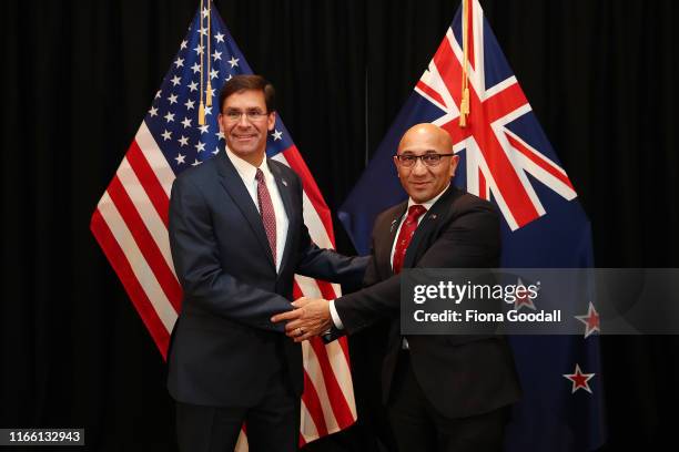 Secretary of Defense Mark Esper meets with New Zealand Minister of Defense Ron Mark on August 05, 2019 in Auckland, New Zealand. Secretary Esper is...