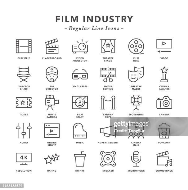 ilustraciones, imágenes clip art, dibujos animados e iconos de stock de industria cinematográfica - iconos de línea regular - projection equipment