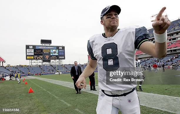 Seattle quarterback Matt Hasselbeck reacts to fans after his win over Tennessee December 18 at the Coliseum, in Nashville, Tennessee. Seattle...