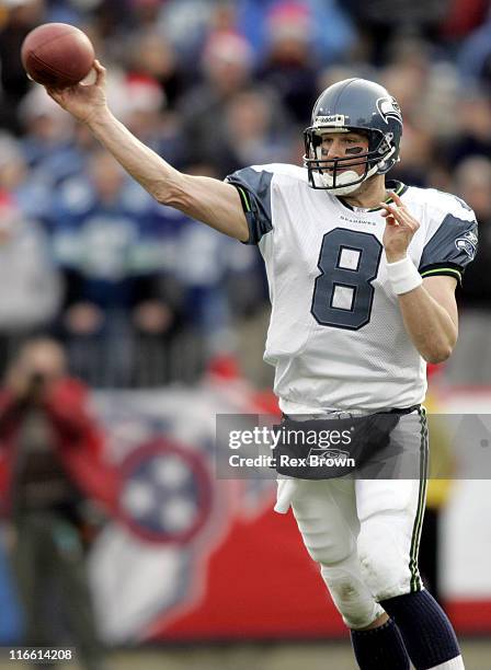 Seattle's Matt Hasselbeck releases this pass against Tennessee December 18 at the Coliseum, in Nashville, Tennessee. Seattle defeated Tennessee 28-24.