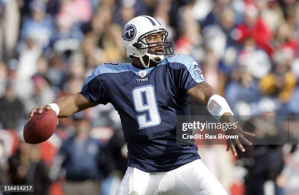 Tennesse's Steve McNair drops back to pass against Seattle December 18 at the Coliseum, in Nashville, Tennessee.