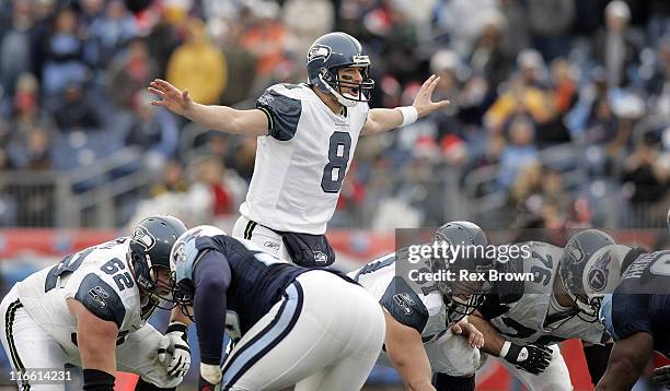 Seattle's Matt Hasselbeck changes the play at the line against Tennessee during the second half December 18 at the Coliseum, in Nashville, Tennessee....