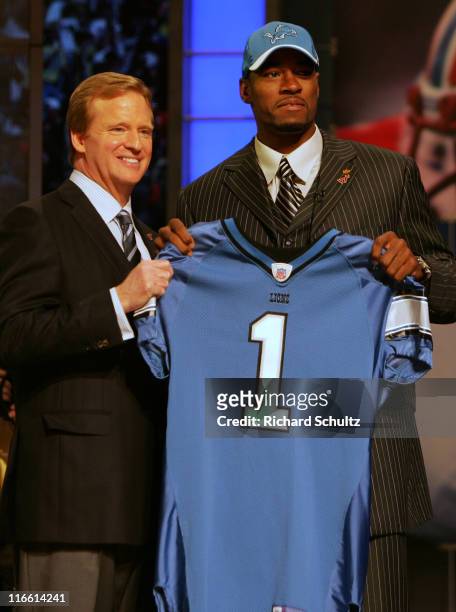 Commissioner Roger Goodell, left with Calvin Johnson WR out of Georgia Tech chosen number two by the Detroit Lions during the NFL draft at Radio City...