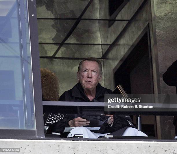 Oakland Raiders owner Al Davis watches the game from his box as the Oakland Raiders defeated the Buffalo Bills by a score of 38 to 17 at McAfee...