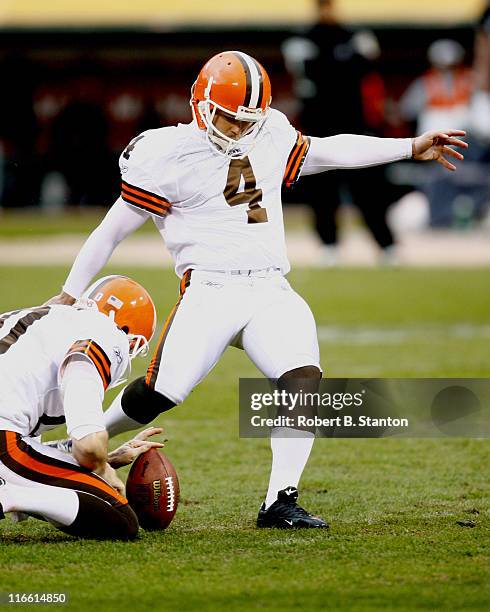 Cleveland kicker Phil Dawson in action as the Cleveland Browns defeated the Oakland Raiders by a score of 9 to 7 at McAfee Coliseum, Oakland,...