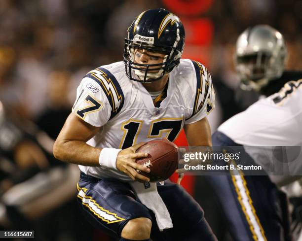 San Diego quarterback Philip Rivers in third quarter action as the San Diego Chargers defeated the Oakland Raiders by a score of 27 to 0 at McAfee...