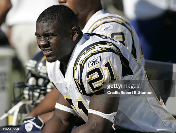 Chargers runningback LaDainian Tomlinson on the sidelines late in the game as the San Diego Chargers defeated the Oakland Raiders by a score of 27 to...