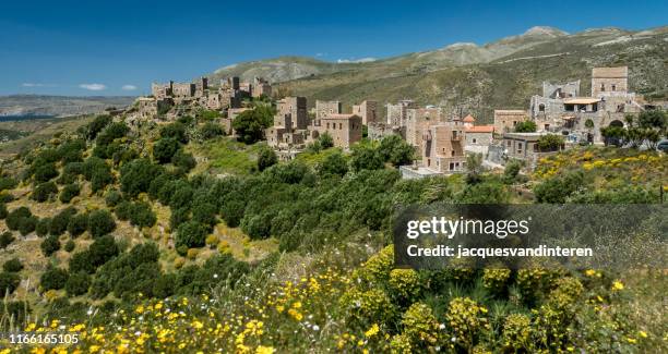 the tower houses of vathia in southern greece (peloponnesos) - laconia stock pictures, royalty-free photos & images